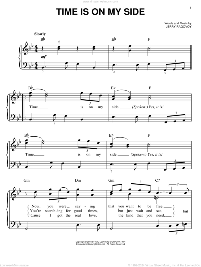 Time Is On My Side sheet music for piano solo by The Rolling Stones and Jerry Ragovoy, easy skill level