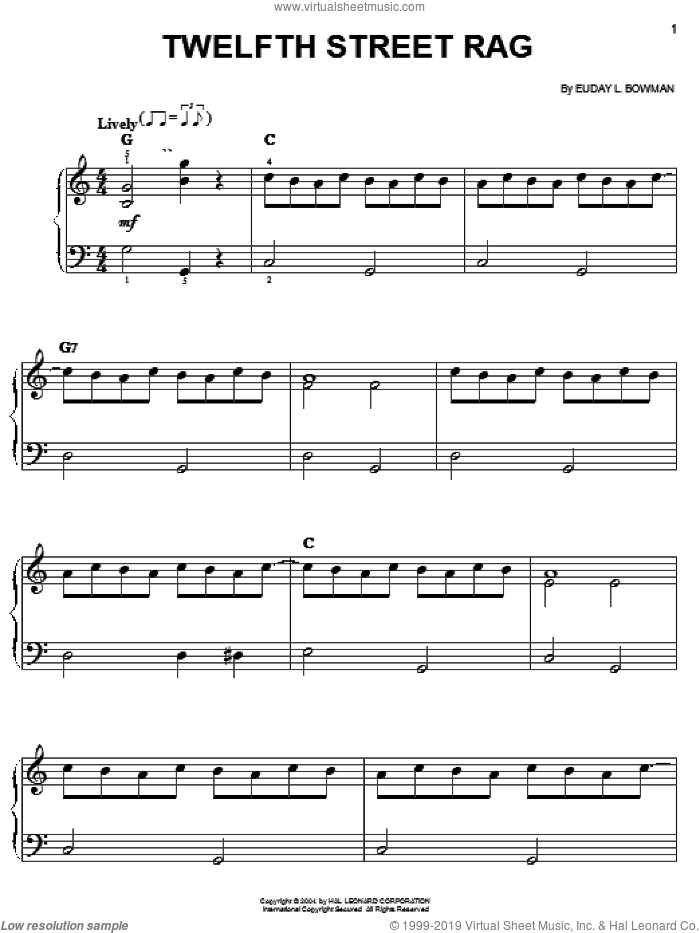 Twelfth Street Rag sheet music for piano solo by Louis Armstrong, Les Paul, Thomas Waller and Euday L. Bowman, easy skill level