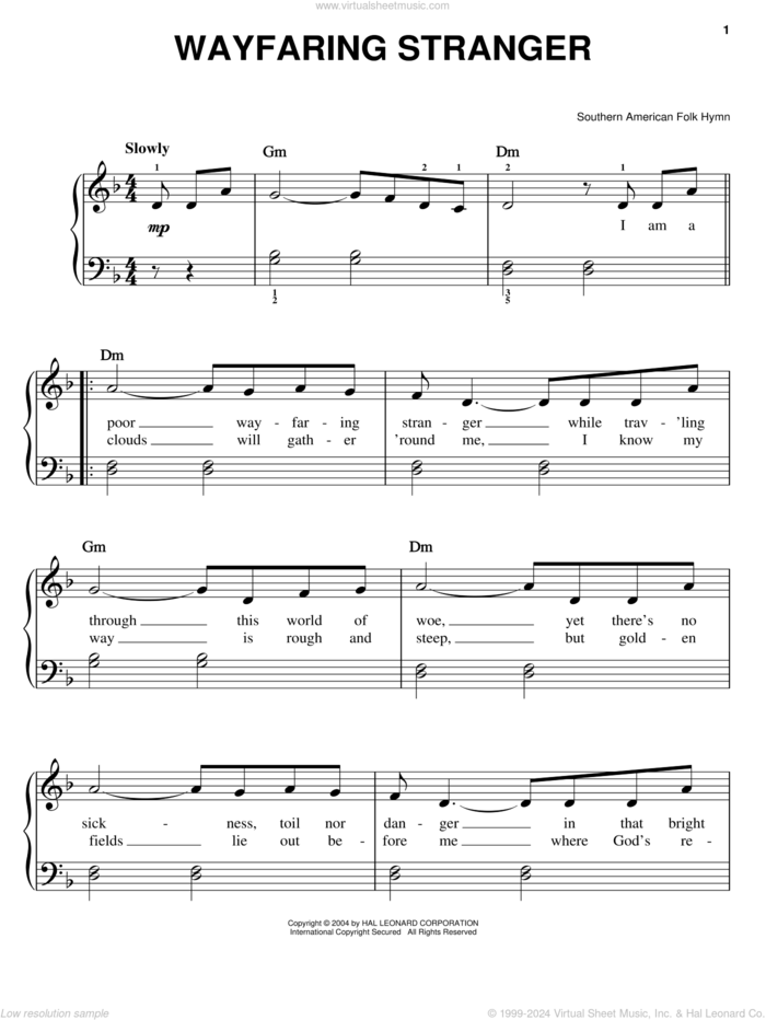 Wayfaring Stranger sheet music for piano solo, easy skill level