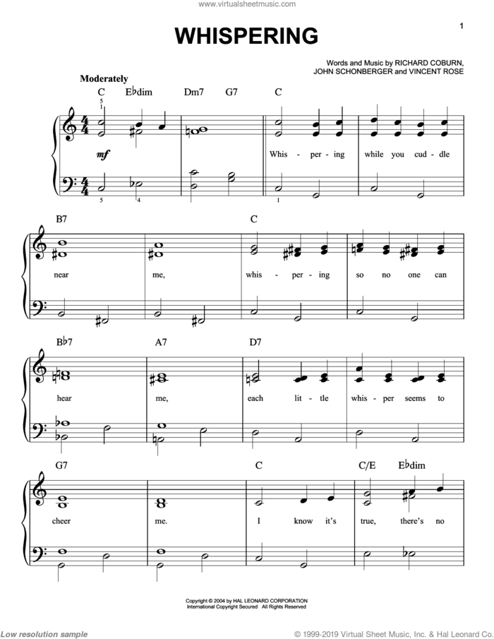 Whispering sheet music for piano solo by Benny Goodman, Frank Sinatra, Les Paul, John Schonberger, Richard Coburn and Vincent Rose, easy skill level