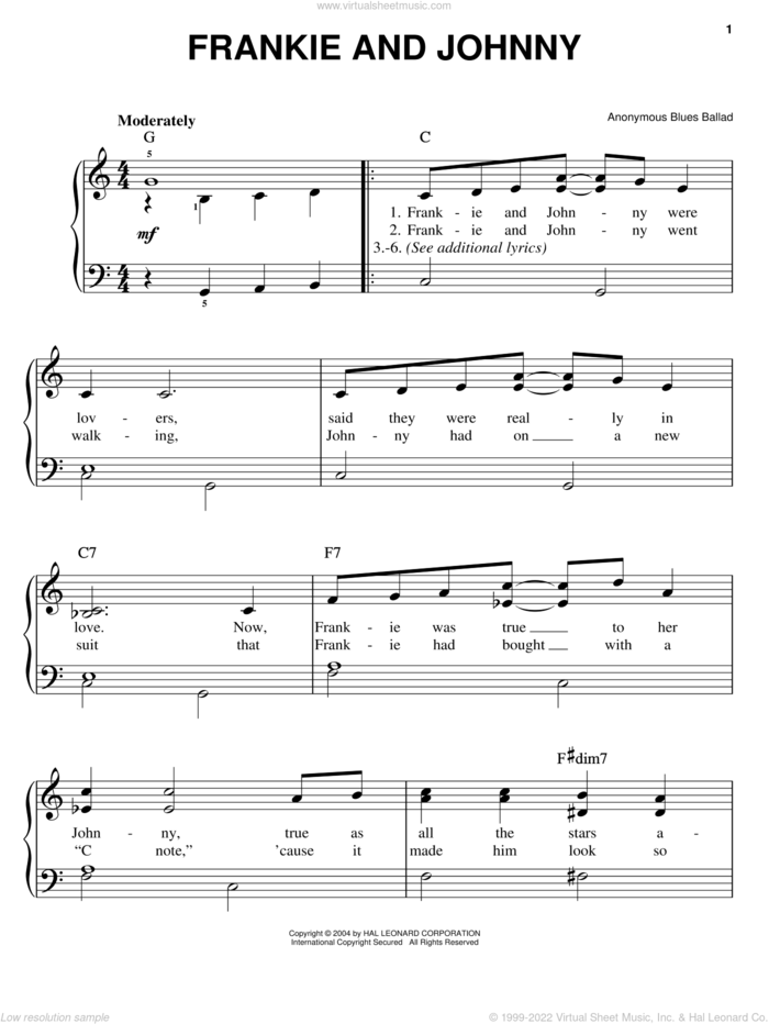 Frankie And Johnny, (easy) sheet music for piano solo by Anonymous, easy skill level