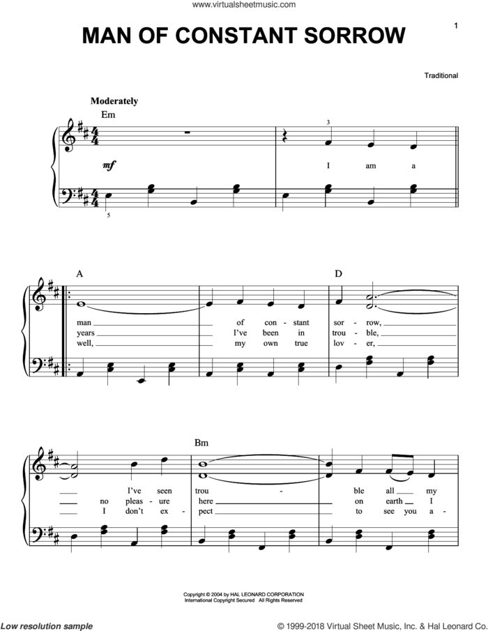 Man Of Constant Sorrow sheet music for piano solo, easy skill level