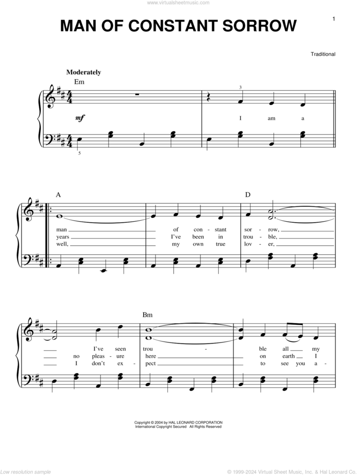 Man Of Constant Sorrow sheet music for piano solo, easy skill level