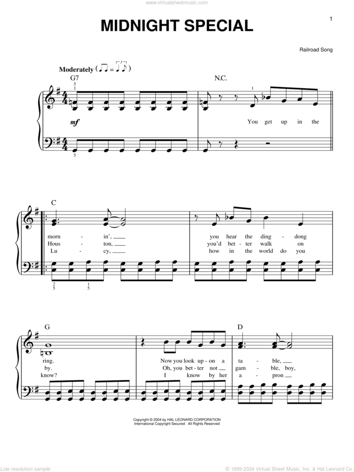 Midnight Special sheet music for piano solo, easy skill level