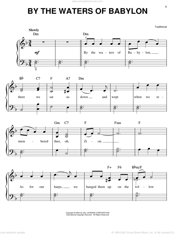 By The Waters Of Babylon sheet music for piano solo, easy skill level