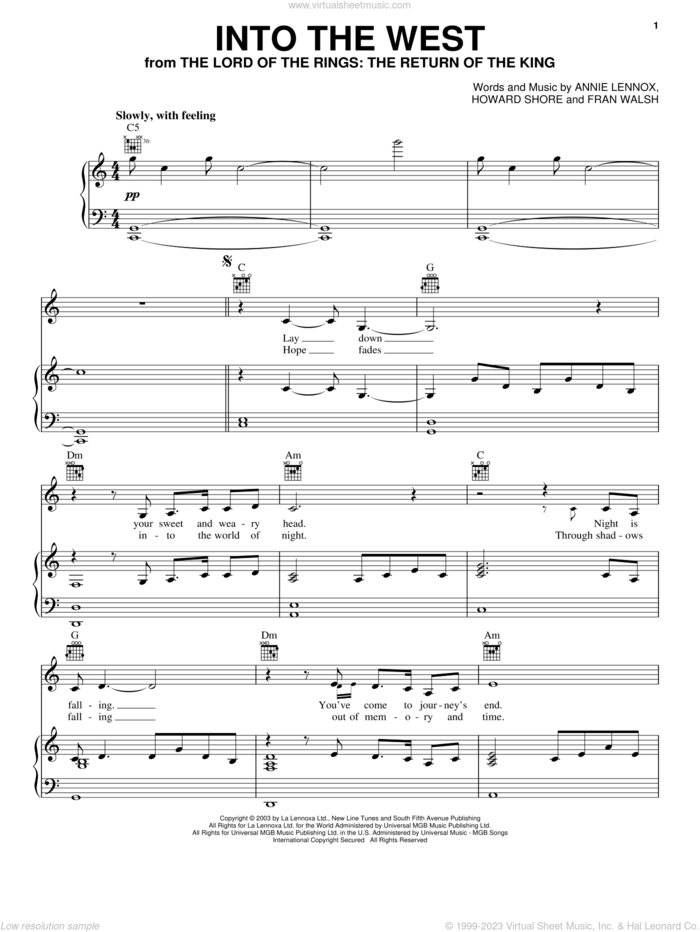 Into The West (from The Lord Of The Rings: The Return Of The King) sheet music for voice, piano or guitar by Annie Lennox, Lord Of The Rings, Fran Walsh and Howard Shore, intermediate skill level