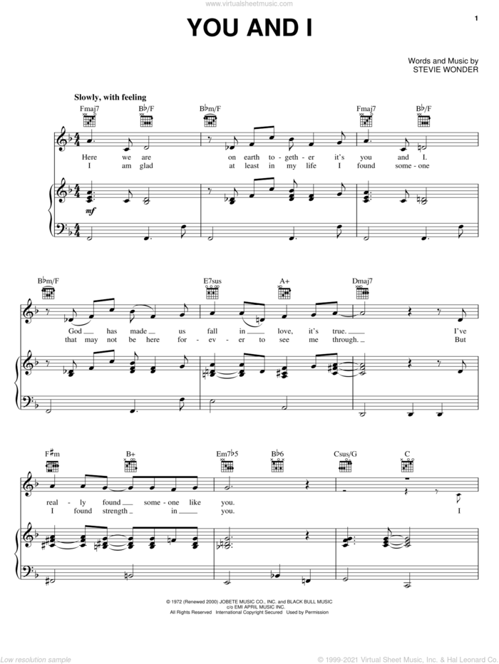 You And I sheet music for voice, piano or guitar by Stevie Wonder, wedding score, intermediate skill level