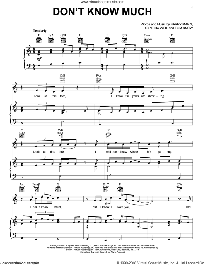 Don't Know Much sheet music for voice, piano or guitar by Aaron Neville and Linda Ronstadt, Aaron Neville, Linda Ronstadt, Linda Ronstadt and Aaron Neville, Barry Mann, Cynthia Weil and Tom Snow, wedding score, intermediate skill level