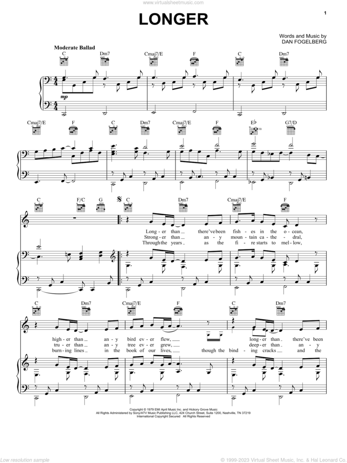Longer sheet music for voice, piano or guitar by Dan Fogelberg, wedding score, intermediate skill level