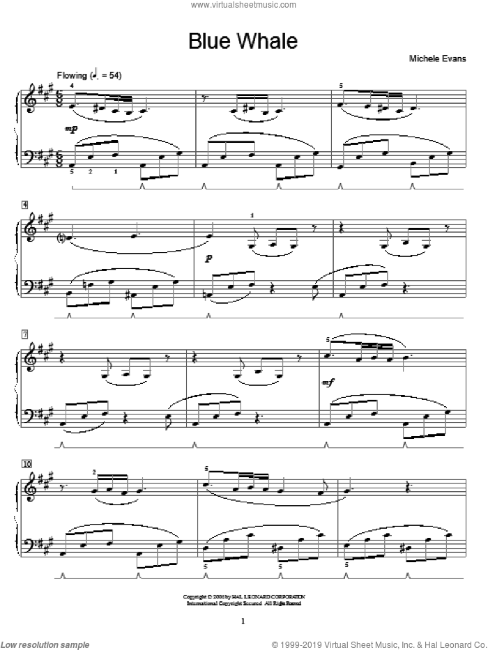 Blue Whale sheet music for piano solo (elementary) by Michele Evans, beginner piano (elementary)