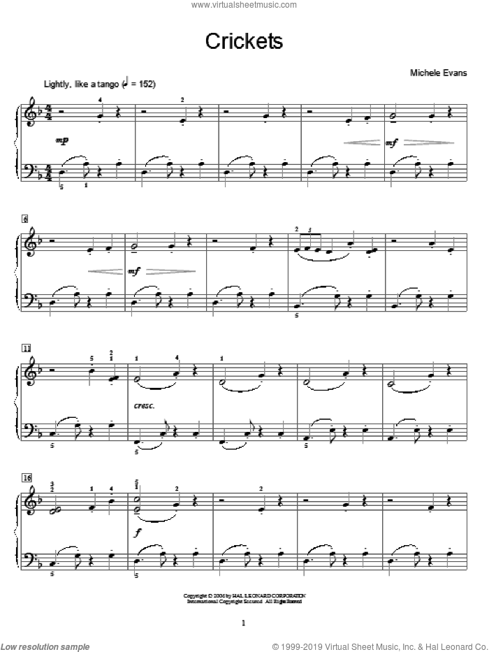 Crickets sheet music for piano solo (elementary) by Michele Evans, beginner piano (elementary)