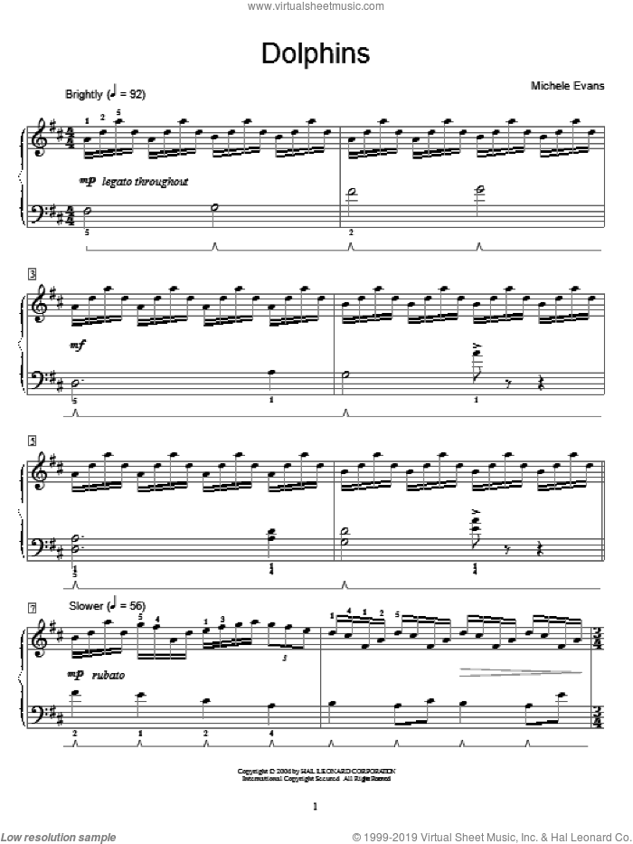 Dolphins sheet music for piano solo (elementary) by Michele Evans, beginner piano (elementary)