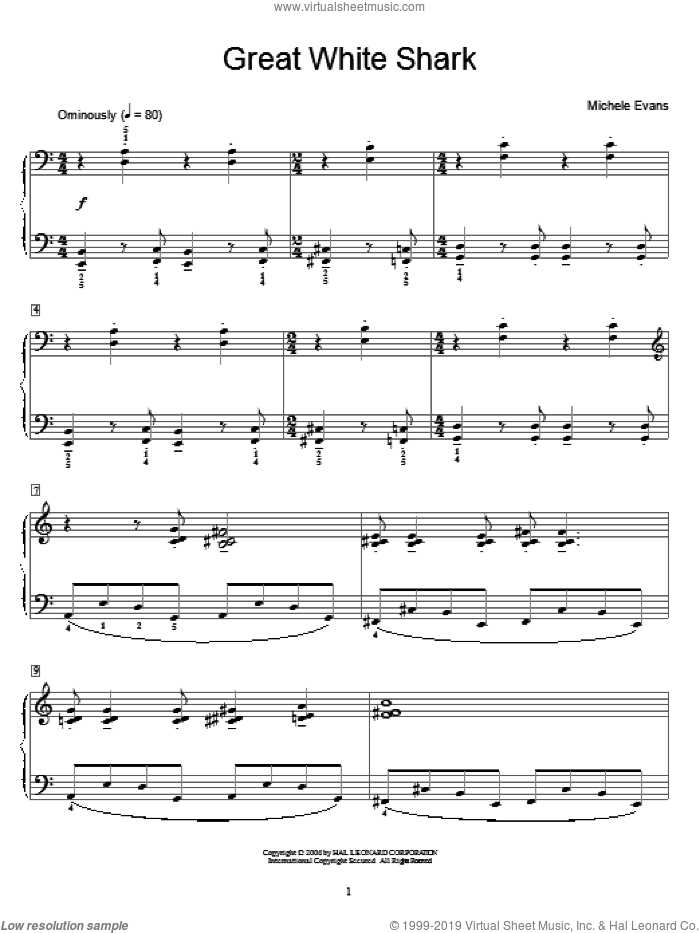 Great White Shark sheet music for piano solo (elementary) by Michele Evans, beginner piano (elementary)