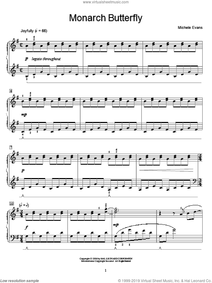 Monarch Butterfly sheet music for piano solo (elementary) by Michele Evans, beginner piano (elementary)
