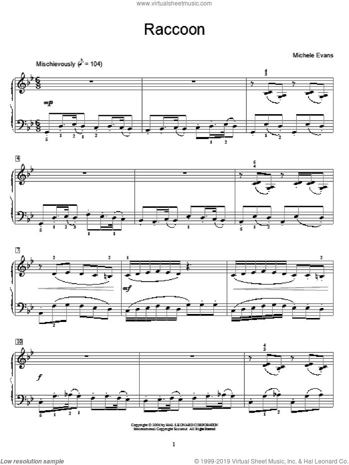 Raccoon sheet music for piano solo (elementary) by Michele Evans, beginner piano (elementary)
