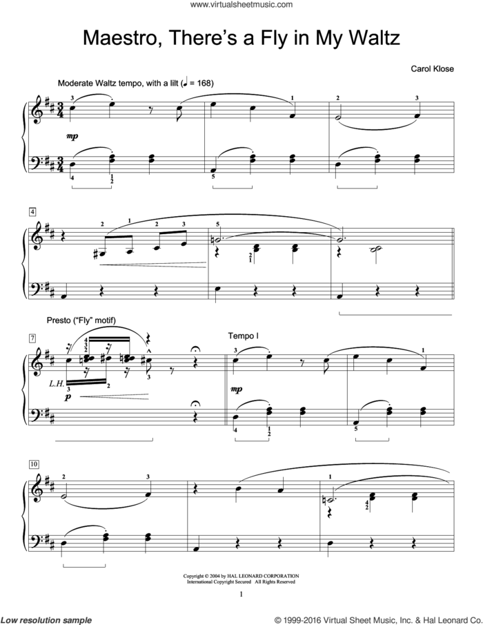 Maestro, There's A Fly In My Waltz sheet music for piano solo (elementary) by Carol Klose and Miscellaneous, beginner piano (elementary)