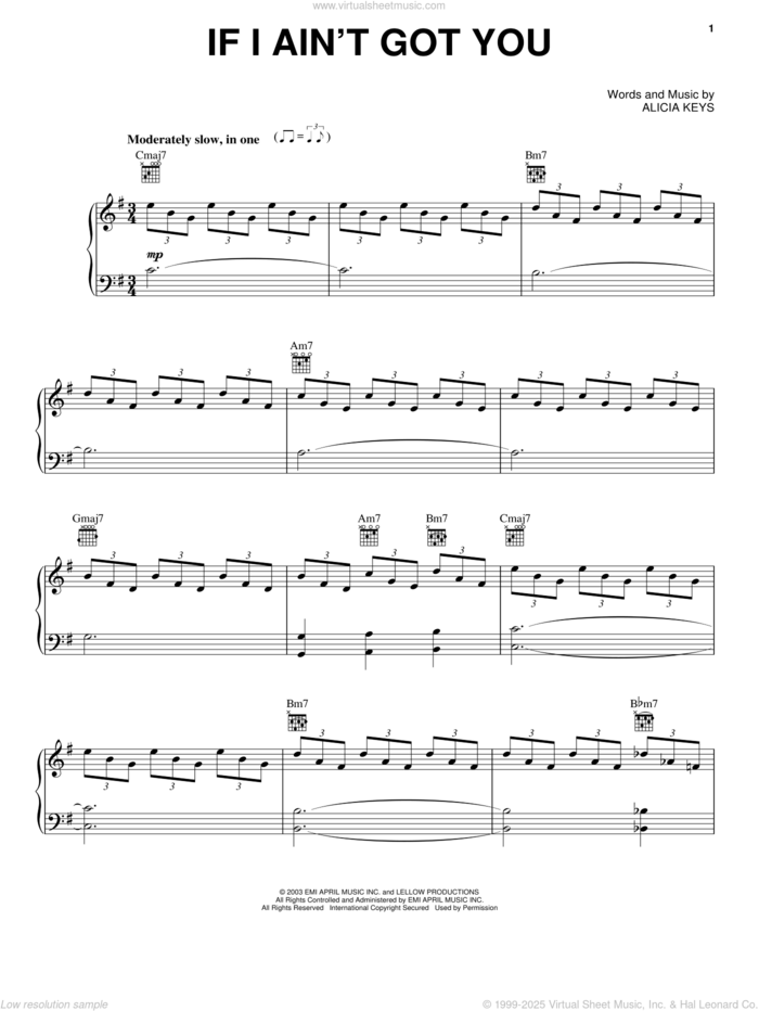 If I Ain't Got You sheet music for voice, piano or guitar by Alicia Keys, intermediate skill level