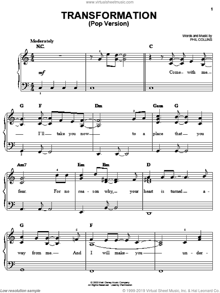 Transformation (Pop Version) sheet music for piano solo by Phil Collins and Brother Bear (Movie), easy skill level