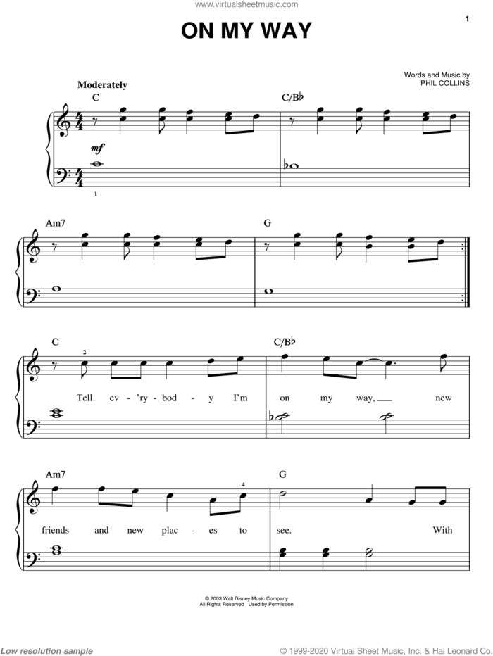 On My Way sheet music for piano solo by Phil Collins and Brother Bear (Movie), easy skill level