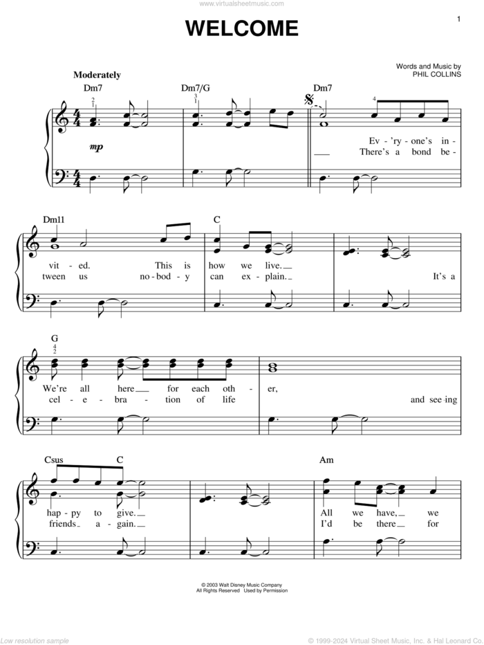 Welcome sheet music for piano solo by Phil Collins and Brother Bear (Movie), easy skill level