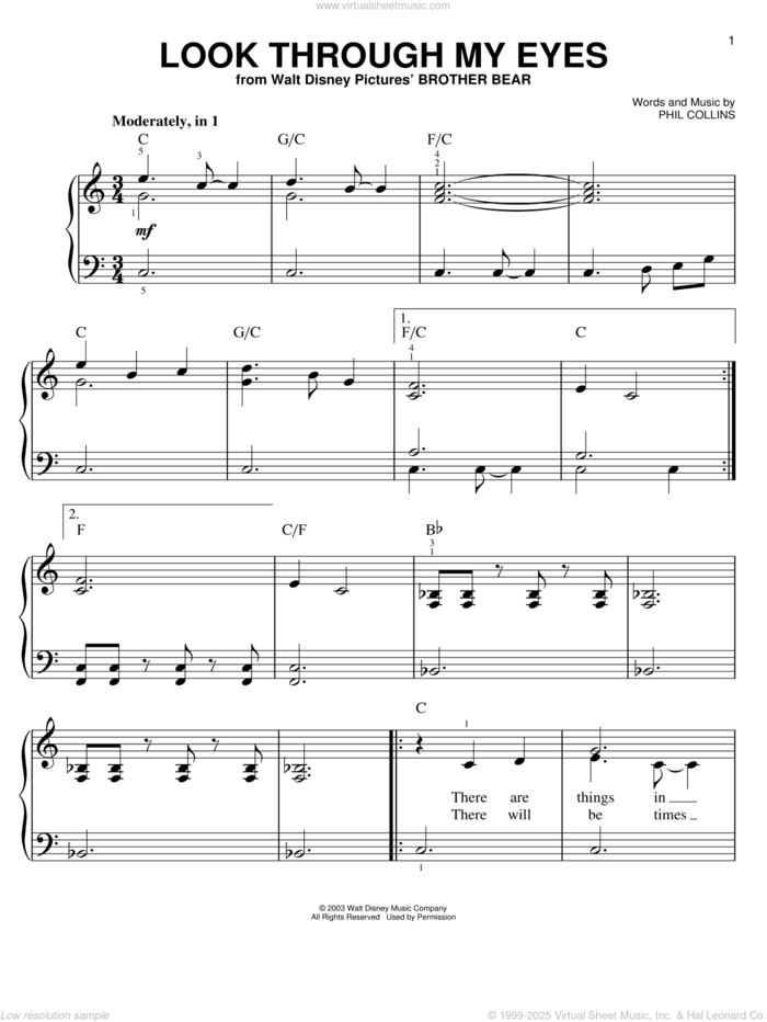 Look Through My Eyes, (easy) sheet music for piano solo by Phil Collins and Brother Bear (Movie), easy skill level