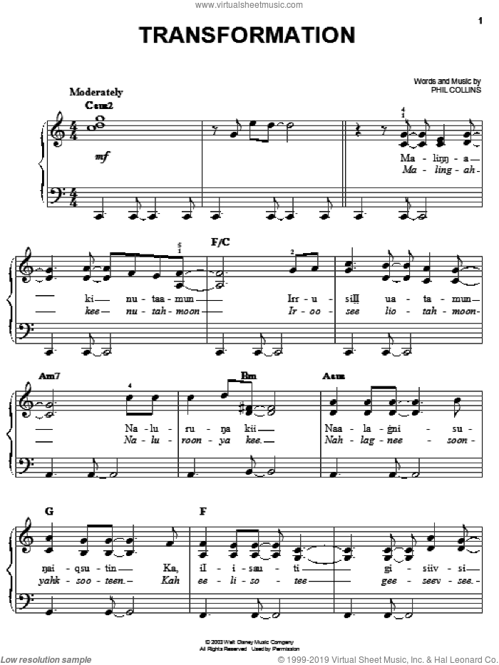 Transformation sheet music for piano solo by Phil Collins and Brother Bear (Movie), easy skill level