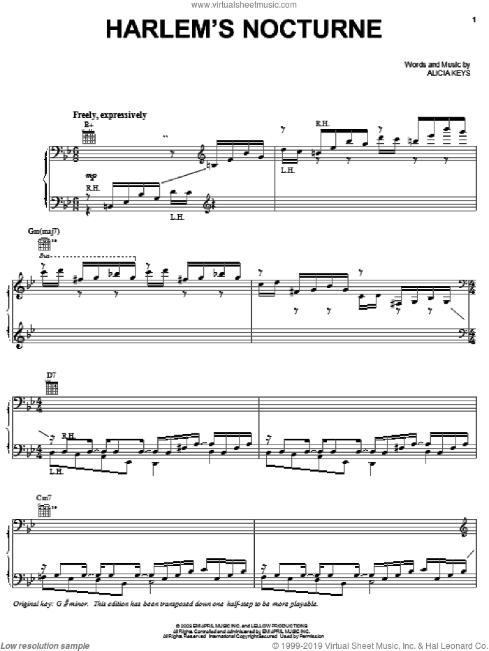 Harlem's Nocturne sheet music for voice, piano or guitar by Alicia Keys, intermediate skill level