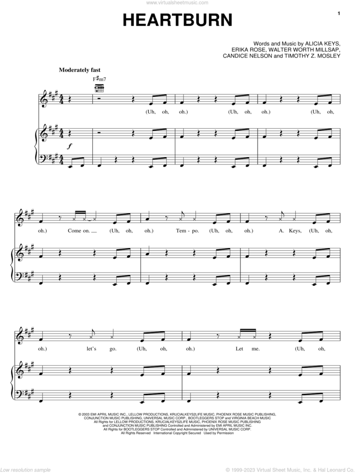 Heartburn sheet music for voice, piano or guitar by Alicia Keys, Erika Rose and Walter Worth Millsap, intermediate skill level
