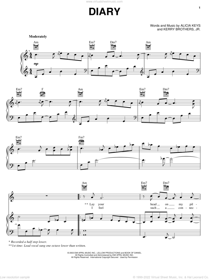 Diary sheet music for voice, piano or guitar by Alicia Keys and Kerry Brothers, intermediate skill level