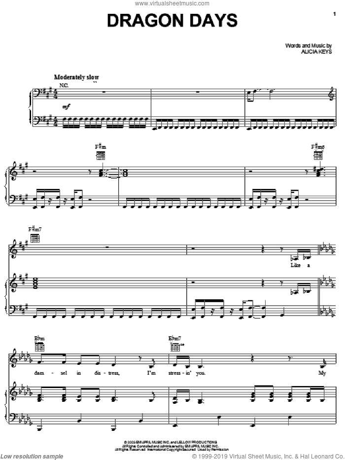 Dragon Days sheet music for voice, piano or guitar by Alicia Keys, intermediate skill level