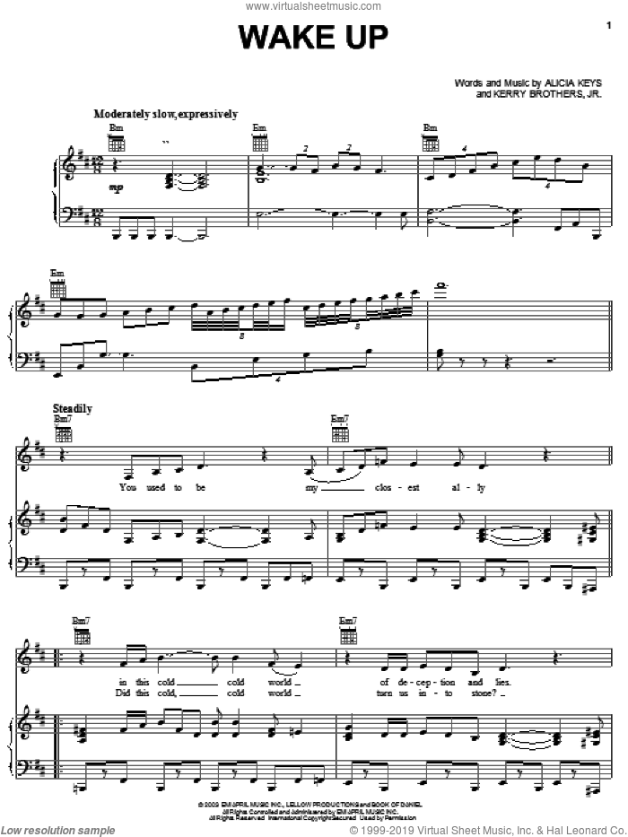Wake Up sheet music for voice, piano or guitar by Alicia Keys and Kerry Brothers, intermediate skill level