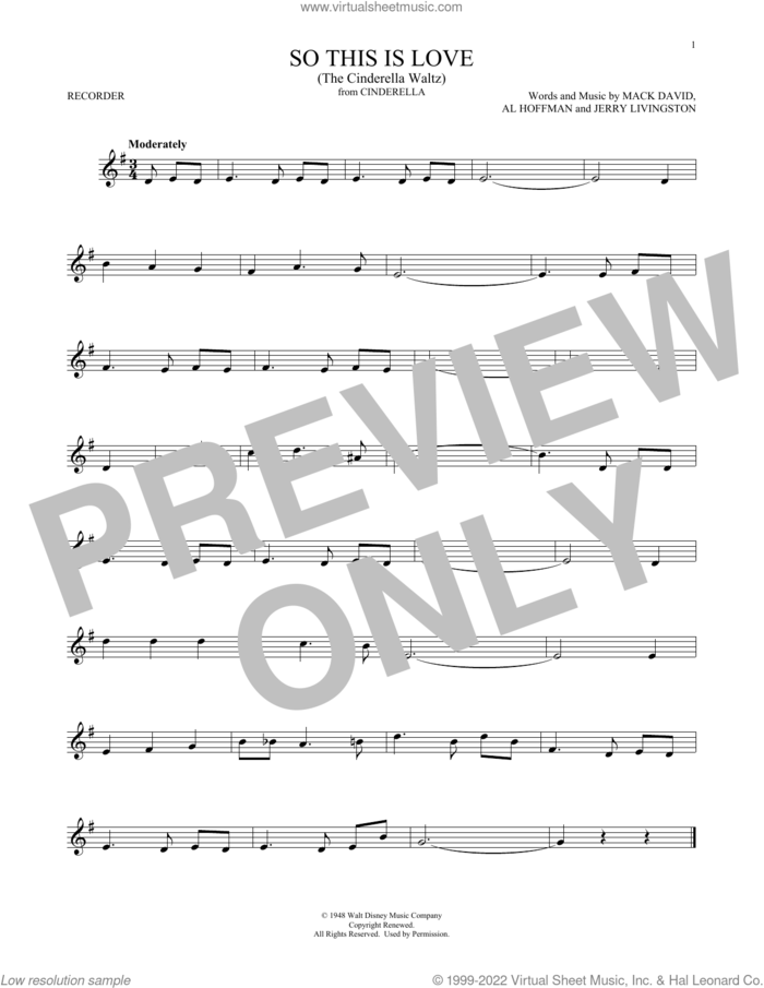 So This Is Love (from Cinderella) sheet music for recorder solo by James Ingram, Al Hoffman, Jerry Livingston, Mack David and Mack David, Al Hoffman and Jerry Livingston, intermediate skill level