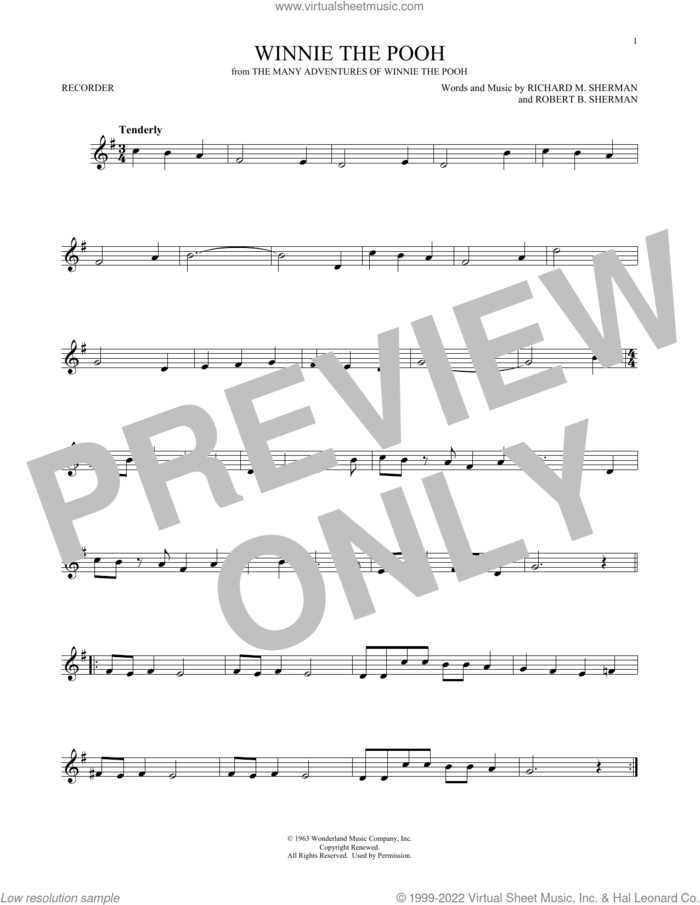 Winnie The Pooh (from The Many Adventures Of Winnie The Pooh) sheet music for recorder solo by Sherman Brothers, Richard M. Sherman and Robert B. Sherman, intermediate skill level