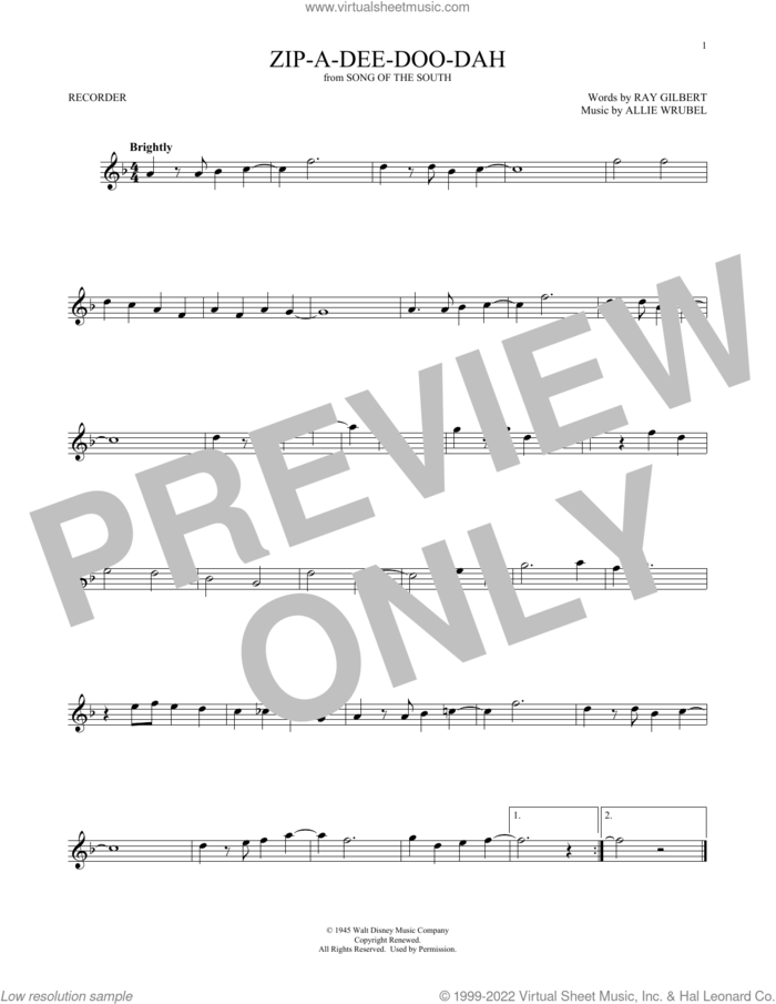 Zip-A-Dee-Doo-Dah (from Song Of The South) sheet music for recorder solo by James Baskett, Allie Wrubel and Ray Gilbert, intermediate skill level