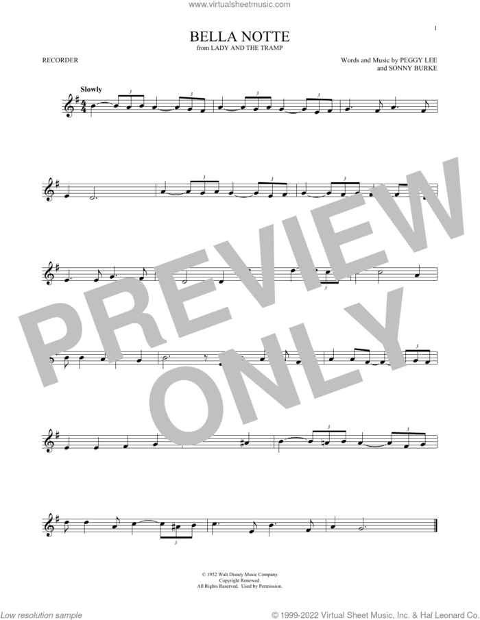 Bella Notte (This Is The Night) (from Lady And The Tramp) sheet music for recorder solo by Peggy Lee and Sonny Burke, intermediate skill level