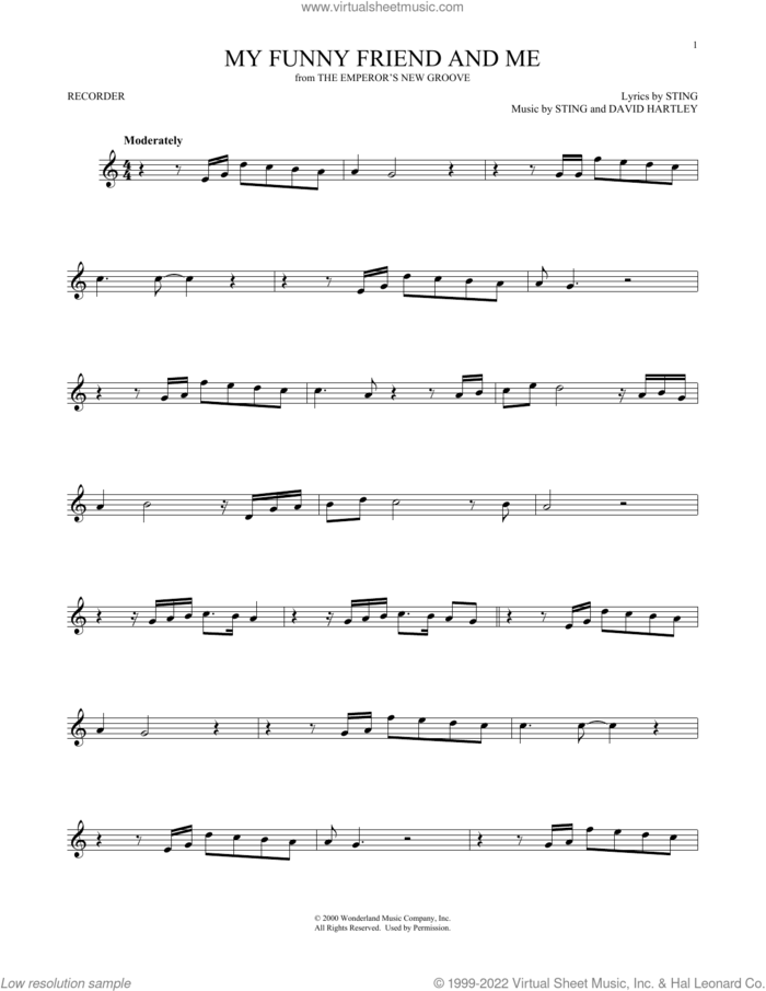 My Funny Friend And Me (from The Emperor's New Groove) sheet music for recorder solo by Sting and David Hartley, intermediate skill level
