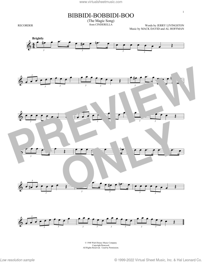 Bibbidi-Bobbidi-Boo (The Magic Song) (from Cinderella) sheet music for recorder solo by Verna Felton, Al Hoffman, Jerry Livingston and Mack David, intermediate skill level
