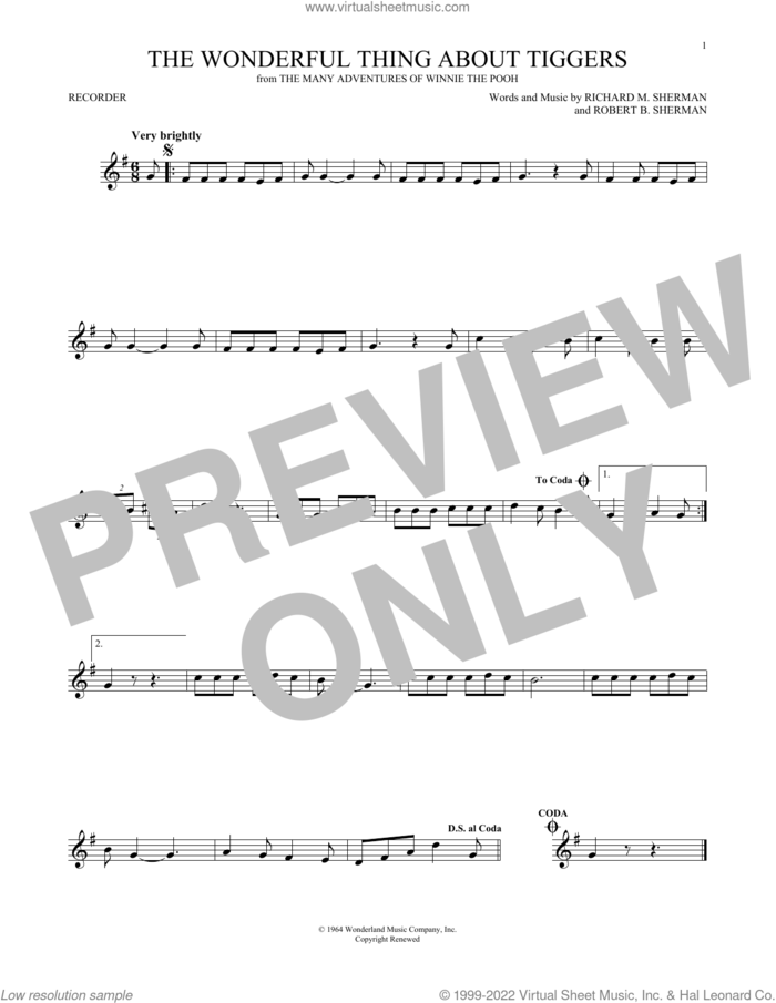 The Wonderful Thing About Tiggers (from The Many Adventures Of Winnie The Pooh) sheet music for recorder solo by Sherman Brothers, Richard M. Sherman and Robert B. Sherman, intermediate skill level
