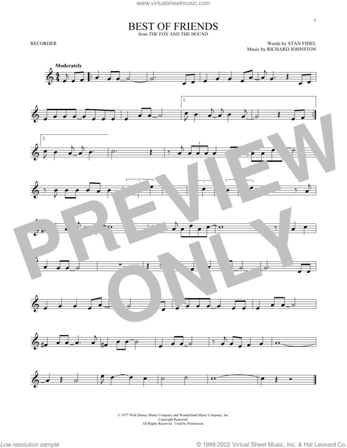 Best Of Friends (from The Fox And The Hound) sheet music for recorder solo by Richard Johnston, Pearl Bailey and Stan Fidel, intermediate skill level