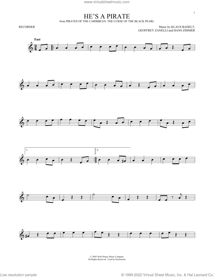 He's A Pirate (from Pirates Of The Caribbean: The Curse of the Black Pearl) sheet music for recorder solo by Klaus Badelt, intermediate skill level