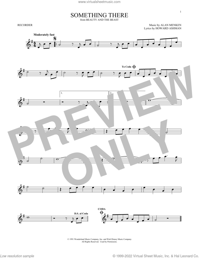 Something There (from Beauty And The Beast) sheet music for recorder solo by Alan Menken, Alan Menken & Howard Ashman and Howard Ashman, intermediate skill level