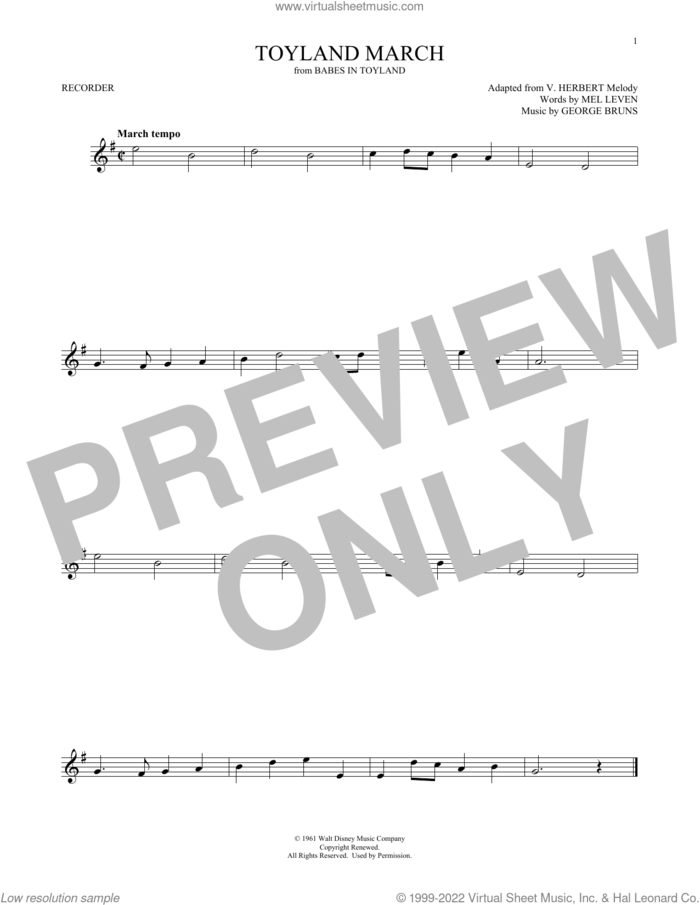 Toyland March (from Babes In Toyland) sheet music for recorder solo by Mel Leven, George Bruns and George Bruns & Mel Leven, intermediate skill level