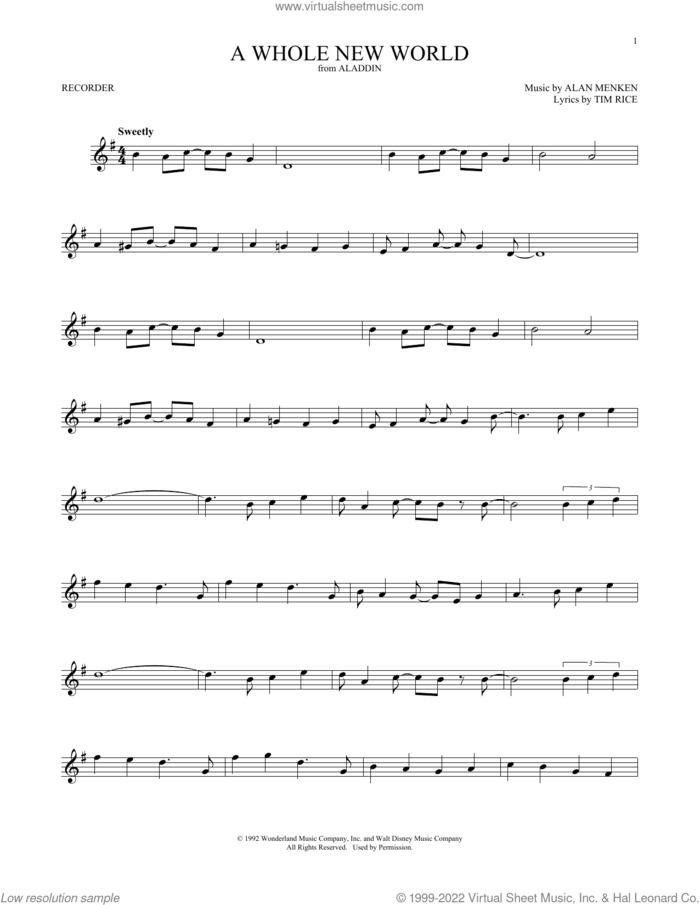 A Whole New World (from Aladdin) sheet music for recorder solo by Alan Menken, Alan Menken & Tim Rice and Tim Rice, intermediate skill level