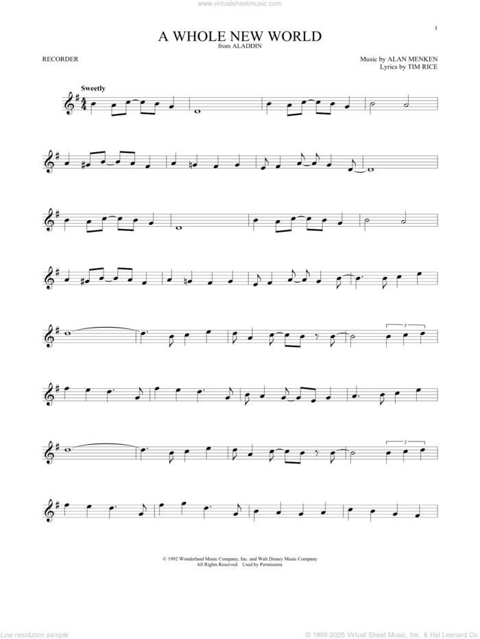 A Whole New World (from Aladdin) sheet music for recorder solo by Alan Menken, Alan Menken & Tim Rice and Tim Rice, intermediate skill level