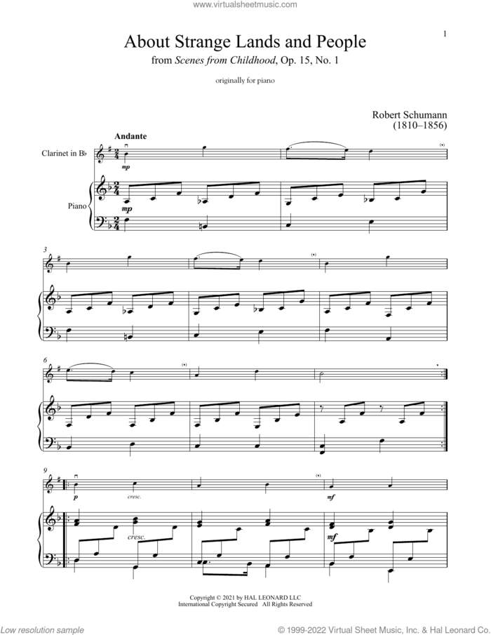 Of Strange Lands And People, Op. 15, No. 1 sheet music for clarinet and piano by Robert Schumann, classical score, intermediate skill level