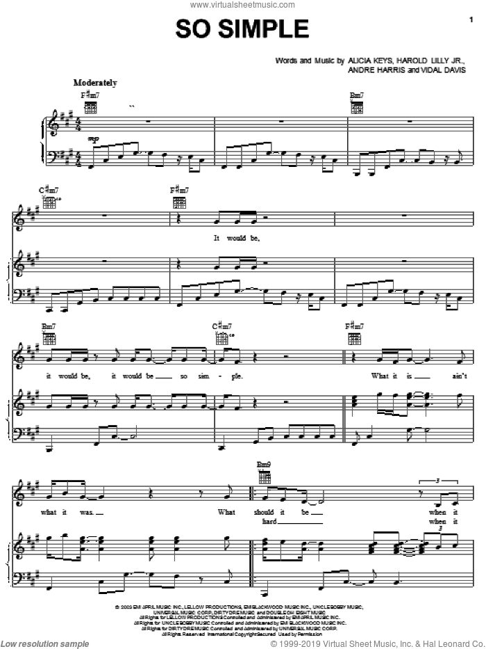 So Simple sheet music for voice, piano or guitar by Alicia Keys, Andre Harris and Harold Lilly, Jr., intermediate skill level
