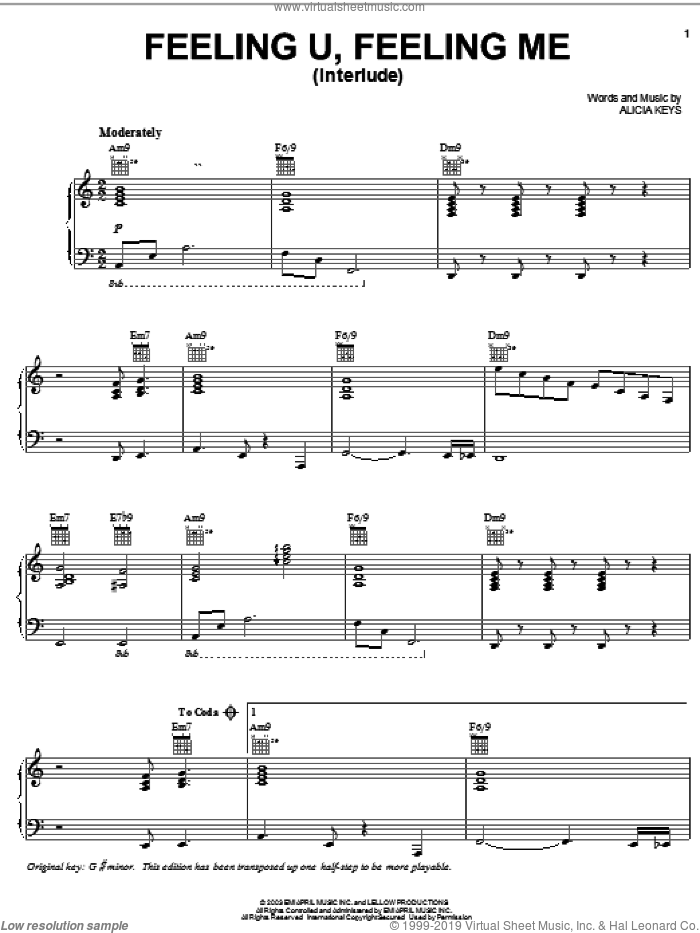 Feeling U, Feeling Me (Interlude) sheet music for voice, piano or guitar by Alicia Keys, intermediate skill level