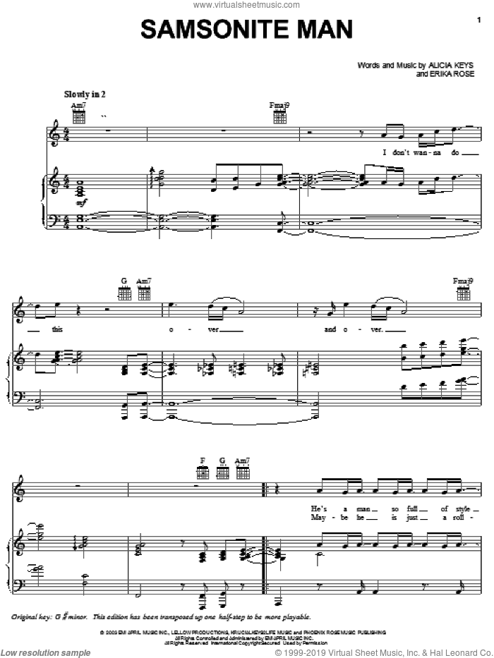 Samsonite Man sheet music for voice, piano or guitar by Alicia Keys and Erika Rose, intermediate skill level