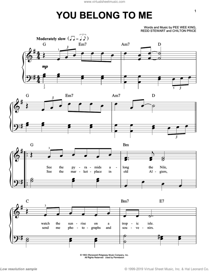 You Belong To Me sheet music for piano solo by Patsy Cline, Duprees, Jo Stafford, Chilton Price, Pee Wee King and Redd Stewart, easy skill level