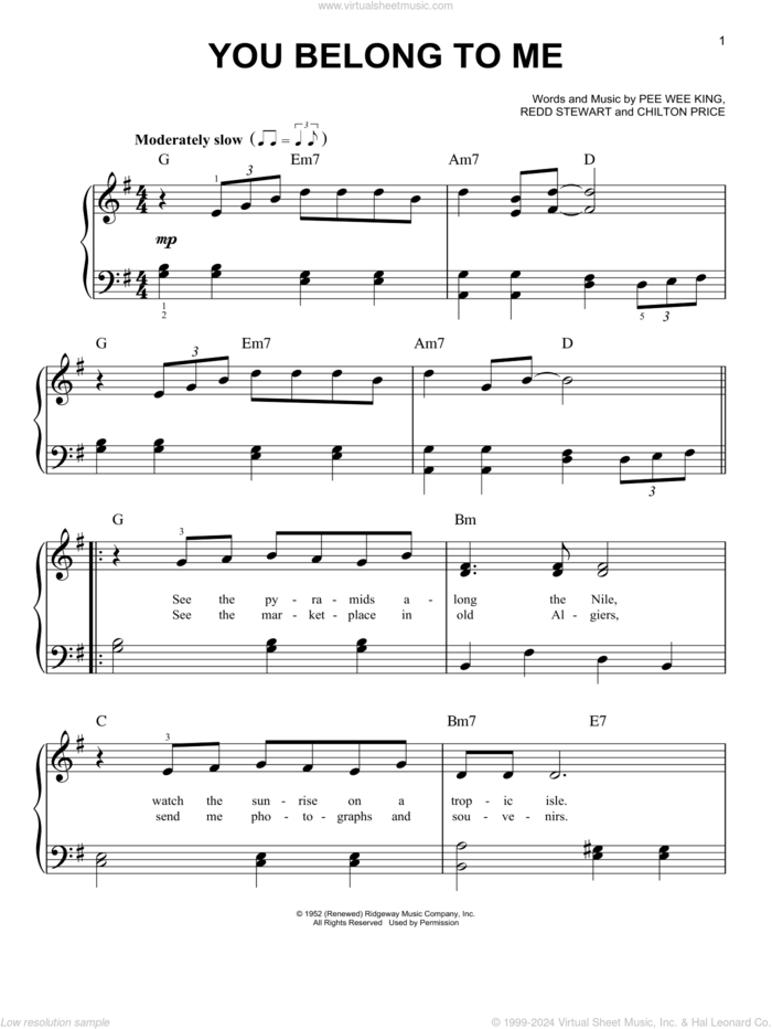 You Belong To Me sheet music for piano solo by Patsy Cline, Duprees, Jo Stafford, Chilton Price, Pee Wee King and Redd Stewart, easy skill level